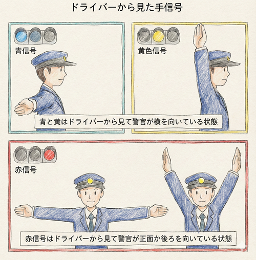 警察官の手信号をドライバー視点で解説したイラスト